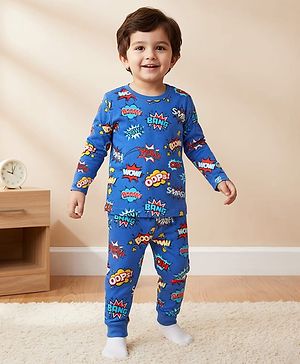 Babyhug Cotton Knit Full Sleeves Co-Ord Night Suit With Text Print - Blue