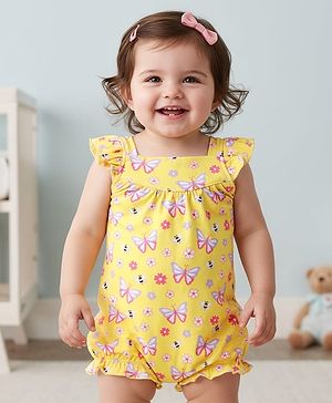 Babyhug 100% Cotton Interlock Knit Sleeveless Romper with Butterfly & Floral Print - Yellow