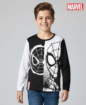 Pine Kids Marvel Single Jersey Knit Full Sleeves Cut & Sew T-Shirt with Spider Man Graphics - Black & White