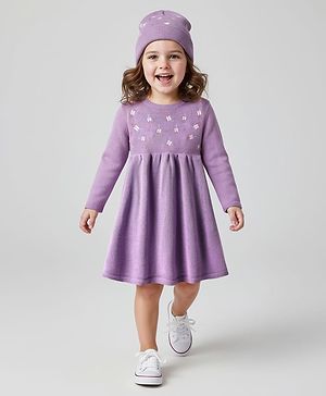 Babyhug Full Sleeves Sweater Knit Woollen Dress With Floral Design - Lilac