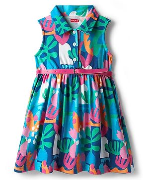 Babyhug Cotton Woven Sleeveless Collared Frock with  Belt & Floral Print - Blue