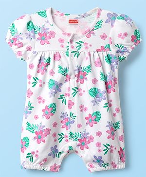 Babyhug 100% Cotton Interlock Knit Half Sleeves Romper with Floral Print - White