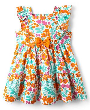 Babyhug Cotton Knit Frilled Sleeves Frock with Bow Applique & Floral Print - Orange