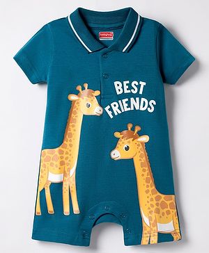 Babyhug 100% Cotton Interlock Knit Half Sleeves Collared Romper with Giraffe Print - Navy Blue