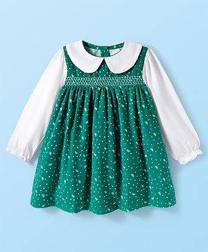 Babyhug Corduroy Knit Full Sleeves Frock with Peter Pan Collar Smock Detailing Polka Dot & Leave Print - Mint & White