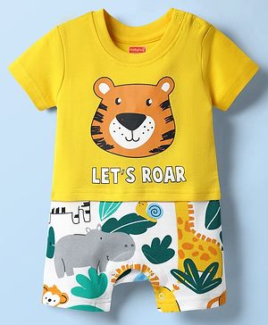 Babyhug 100% Cotton Interlock Knit Half Sleeves Romper with Animal Print - Yellow