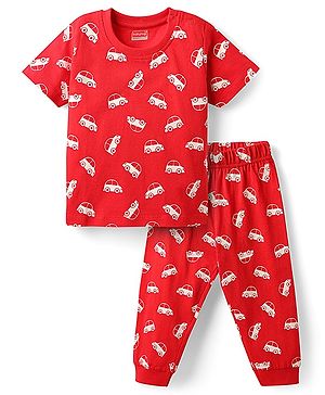 Babyhug Cotton Knit Half Sleeves Co-Ord Night Suit With Vehicles Print - Red