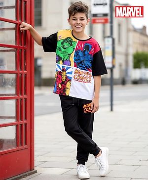Pine Kids Marvel Single Jersey Knit Half Drop Sleeve Oversized T-Shirt & Track Pant Set with Avengers Graphic - Black