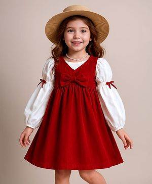 Babyhug Cotton Knit Frock & Full Balloon Sleeves Inner Tee With Bow Applique - Red & White