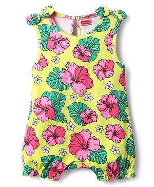Babyhug 100% Cotton Knit Sleeveless Romper with Floral Print & Bow Applique - Yellow