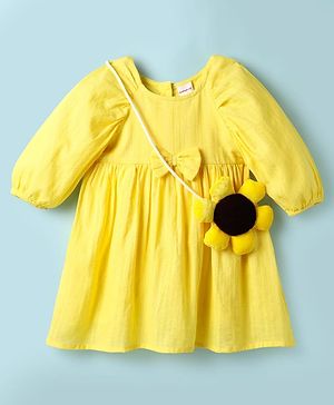 Babyhug Cotton Knit Full Balloon Sleeves Solid Frock With Sunflower Sling Bag - Yellow