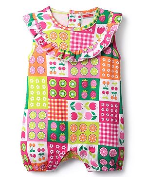 Babyhug 100% Cotton Knit Sleeveless Romper with Frill Detailing & Tropical Theme Print - Multicolor