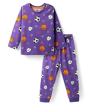 Babyhug Cotton Knit Full Sleeves Co-Ord Night Suit With Sports Theme Print - Violet