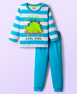 Babyhug Cotton Knit Full Sleeves Striped Night Suit With Dino Print - Blue & White