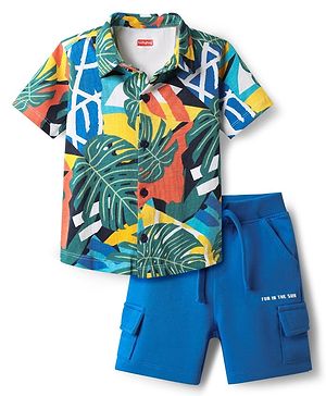 Babyhug Single Jersey Knit Half Sleeves Shirt & Short Set With Tropical Theme Print - Green & Blue