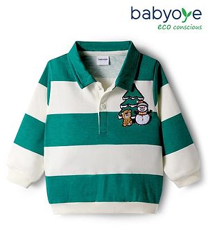 Babyoye 100% Cotton Knit Full Sleeves Sweatshirt With Stripes & Animal Embroidery - Green & White
