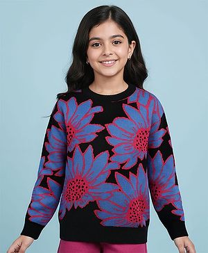 Pine Kids Knitted Full Drop Shoulder Sleeves Pullover Sweater With Floral Design - Black