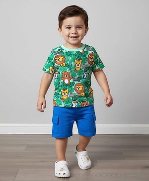 Babyhug Single Jersey Knit Half Sleeves T-Shirt & Short Set With Animal Print - Green & Blue