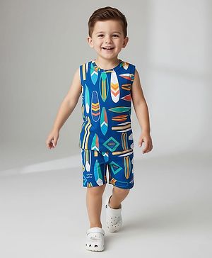 Babyhug Single Jersey Knit Sleeveless T-Shirt & Short Set With Abstract Print - Blue