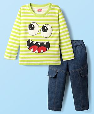 Babyhug Single Jersey Knit Full Sleeves Striped T-Shirt & Denim Jeans Set - Green & Blue
