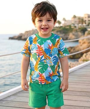 Babyhug Single Jersey Knit Half Sleeves T-Shirt & Shorts Set with Jungle Theme Print - Mint