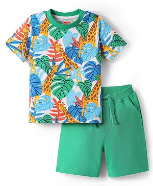 Babyhug Single Jersey Knit Half Sleeves T-Shirt & Shorts Set with Jungle Theme Print - Mint