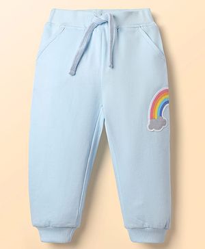 Babyhug Cotton Terry Knit Full Length Lounge Pants With Rainbow Applique - Light Blue