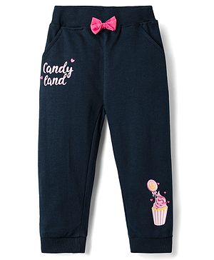 Babyhug Terry Knit Full Length Lounge Pant With Bow Applique & Text Print - Navy Blue