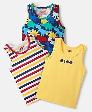 Babyhug 100% Cotton Knit Sandos With Stripes & Animal Print Pack of 3 - Navy Blue & Yellow