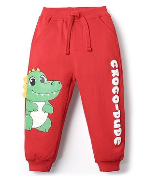 Babyhug Cotton Terry Knit Full Length Lounge Pants With Crocodile Print - Red