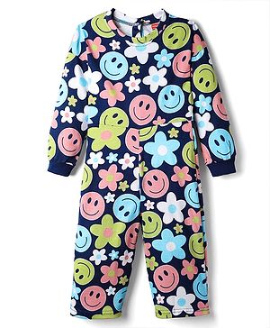Babyhug Cotton Knit Full Sleeves Jumpsuit With Smiley & Floral Print - Navy Blue