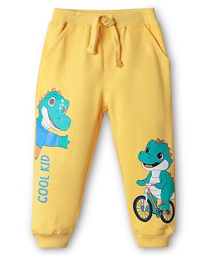 Babyhug Cotton Terry Knit Full Length Lounge Pants With Crocodile Print - Yellow