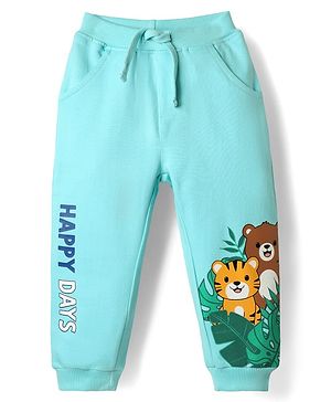 Babyhug Cotton Terry Knit Full Length Lounge Pant With Animal Print - Aqua Blue