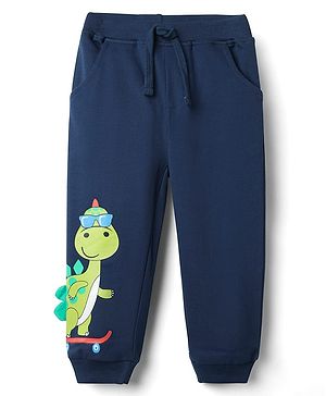 Babyhug Cotton Terry Knit Full Length Lounge Pant With Dino Print - Navy Blue
