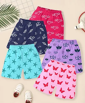 KUCHIPOO Cotton Pack Of 5 Floral
                              & Butterfly Printed Shorts - Blue Pink
                              Lilac Magenta & Navy Blue