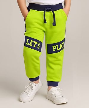 Babyhug Cotton Terry Knit Full Length Lounge Pant With Let's Play Print - Neon Green & Navy Blue