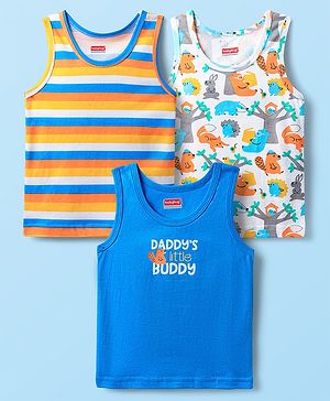 Babyhug 100% Knit Sleeveless Striped & Animal Printed Sando Vests Pack of 3 - Blue White & Yellow