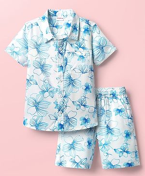 Babyhug Rayon Woven Half Sleeves Shirt & Shorts Co-Ord Set With Floral Print - White