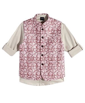 Charchit Cotton Blend Woven Floral Embroidered Nehru Jacket With Full Sleeves Shirt - Pink