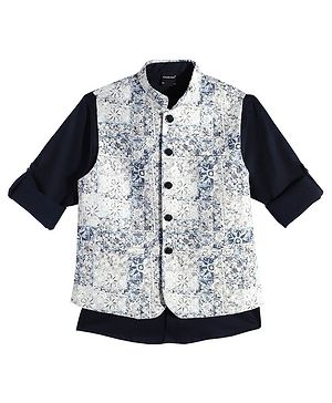 Charchit Cotton Blend Woven Floral Embroidered Nehru Jacket With Full Sleeves Shirt - Navy Blue