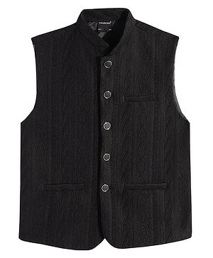 Charchit Cotton Blend Sleeveless Cable Knit Embroidered Nehru Jacket - Black