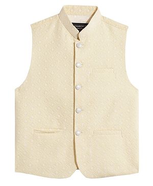 Charchit Cotton Blend Woven Sleeveless Floral Embroidered Nehru Jacket - Yellow