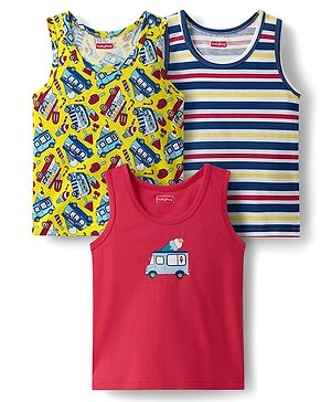Babyhug 100% Cotton Knit Sleeveless Sandos With Stripes & Vehicle Print Pack of 3 - Red & Yellow