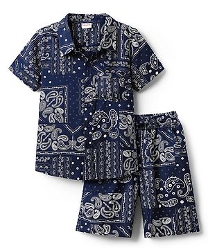 Babyhug Rayon Woven Half Sleeves Printed Shirt & Shorts Co-Ord Set - Navy Blue