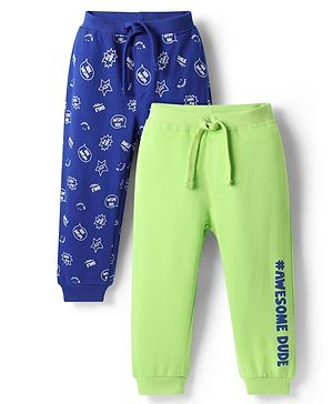 Babyhug Cotton Terry Knit Full Length Lounge Pants With Wholesome Dude Text Print Pack of 2 - Navy Blue & Light Green