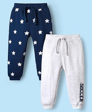 Babyhug Cotton Terry Knit Full Length Lounge Pant With Star Print Pack Of 2 - Navy Blue & White