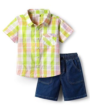 Babyhug Cotton Woven Half Sleeves Checks Shirt & Denim Shorts Set - Navy Blue