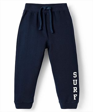 Babyhug Cotton Terry Full Length Lounge Pant With Text Print - Navy Blue
