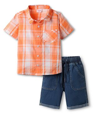 Babyhug Cotton Woven Half Sleeves Checks Shirt & Denim Shorts Set - Orange & Navy Blue