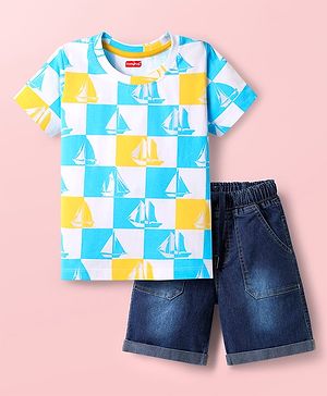Babyhug Single Jersey Knit Half Sleeves Checks T-Shirt & Denim Shorts Set With Boat Print - Multicolor